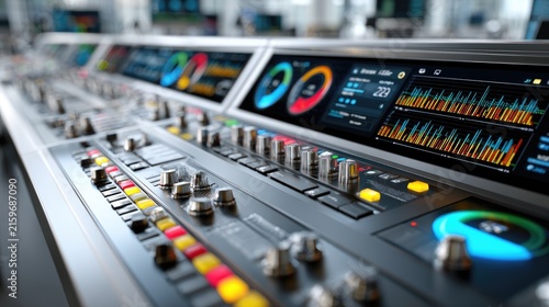 Advanced Control Panel: A futuristic control panel with multiple illuminated screens displaying charts and graphs, featuring numerous buttons, knobs, and sliders.