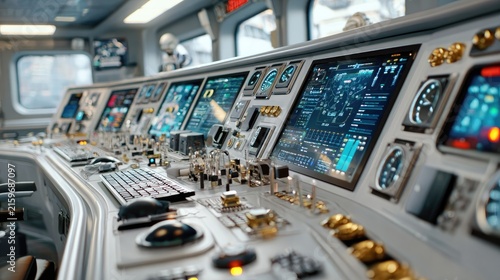 Futuristic Control Panel: A sophisticated and high-tech control panel with multiple glowing digital screens, buttons, and gauges suggests a command center for advanced technology or a spacecraft.