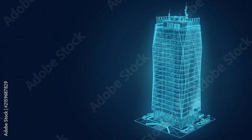Modern skyscraper building architecture digital wireframe hologram blueprint glowing technology illustration with skyscraper building architecture wireframe