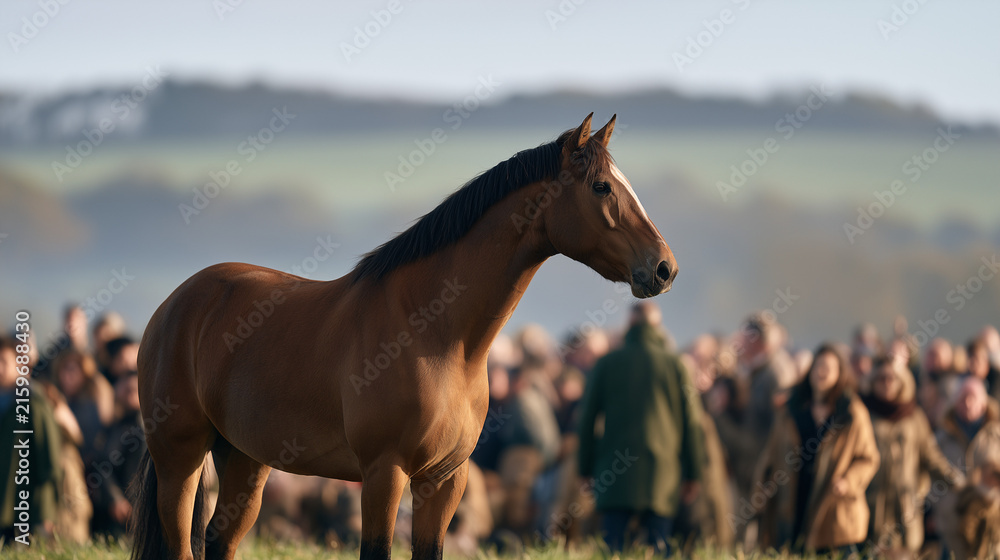 Obraz premium Majestic Brown Horse Standing Proudly at the Annual Traditional Ballinasloe Horse Fair Gathering