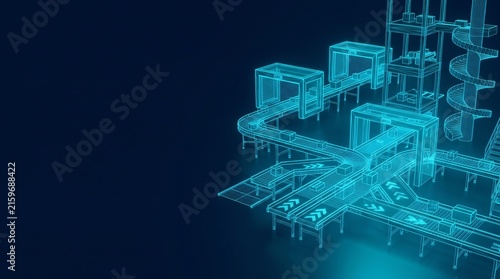 Industrial factory manufacturing plant complex layout digital wireframe hologram technology illustration with manufacturing industrial wireframe hologram industry