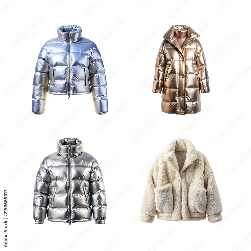 Fototapeta premium Collection of four stylish winter jackets including metallic puffer and faux fur coats isolated on transparent background