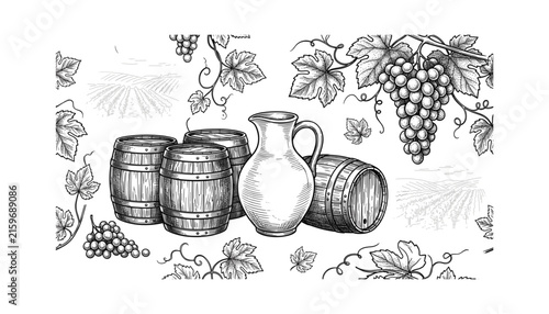 Vintage vineyard landscape background with hand drawn wooden barrels clay jug and ripe grapes engraving vector illustration