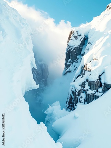 Frothy snowdrifts surround her as she carves through the mountain, snowy peaks, snow-covered mountains