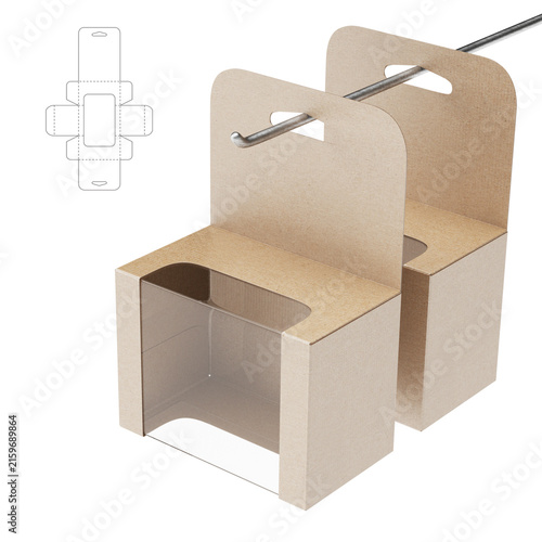 Принти на полотні Open kraft cardboard packaging box with attached lid and flat dieline template, isolated on white background