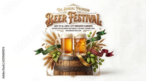 Annual Premium Beer Festival poster with two mugs of golden lager on a wooden barrel