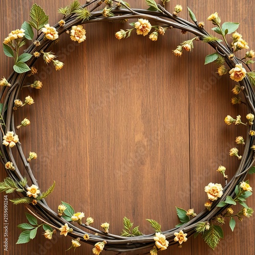 Herbal twig branches wreath with golden undertones framing a rustic invitation card, earthy, ||rustic