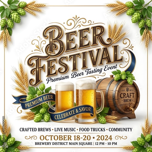 Beer Festival Poster Template with Craft Beer Mugs and Wooden Barrel Illustration