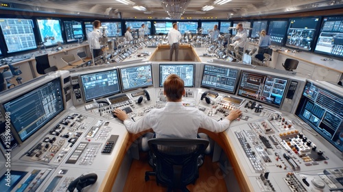 Control Room Command: A team of technicians diligently monitors complex systems and data streams across numerous screens in a high-tech control room, overseeing critical operations.