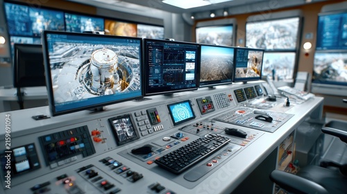 Command Center Display: A high-tech command center filled with monitors displaying various information, control panels, and electronic equipment, signifying operations and surveillance.