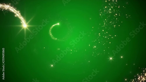 A bright comet trails golden sparkles across a vibrant green background, creating a magical and festive atmosphere.