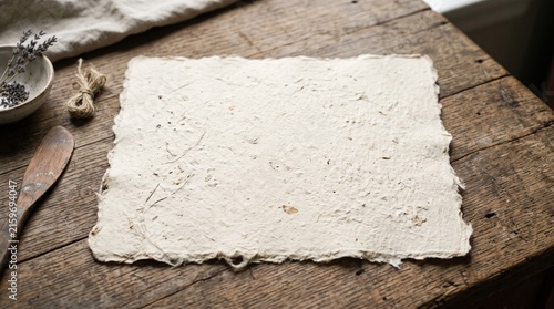 Handcrafted deckle edge paper sheet on rustic wooden table for artisanal design projects