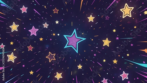 A vibrant and energetic background illustration featuring colorful stars and streaks of light.