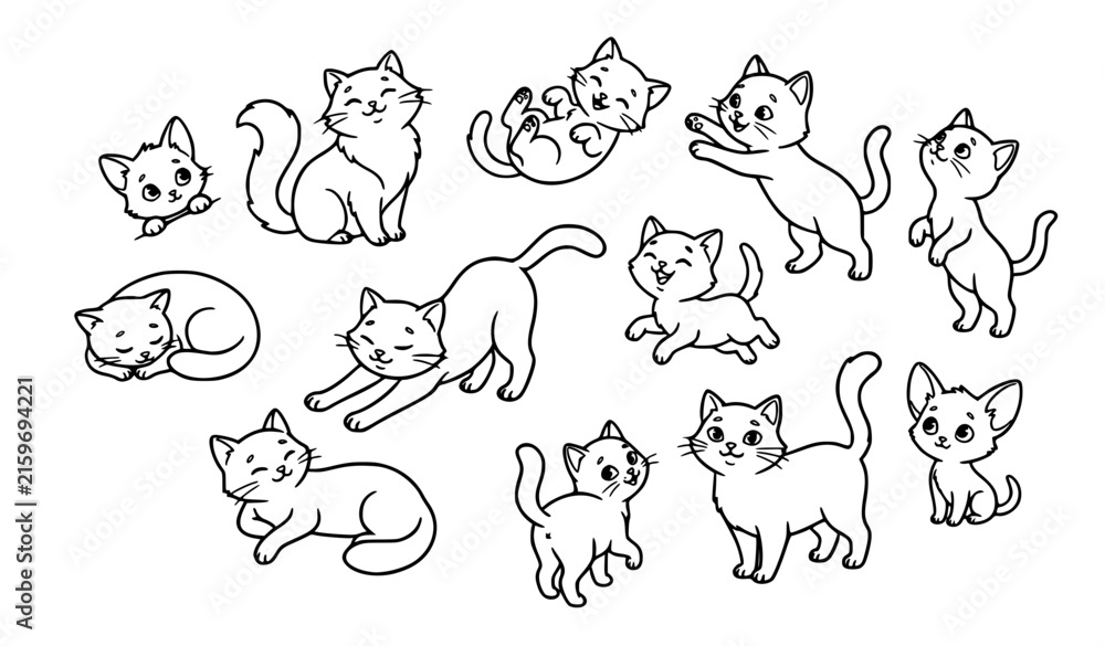 Obraz premium Cute cartoon cats interacting in playful groups with simple outline line art vector illustration