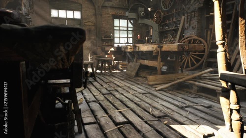 Vintage Woodworking Workshop Interior Forward Tracking Shot