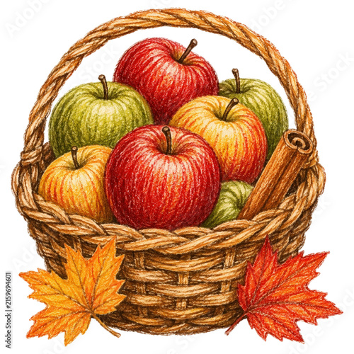 A woven basket overflows with a bountiful harvest of ripe apples, nestled amongst cinnamon sticks and autumn leaves, evoking the warmth and flavor of fall.