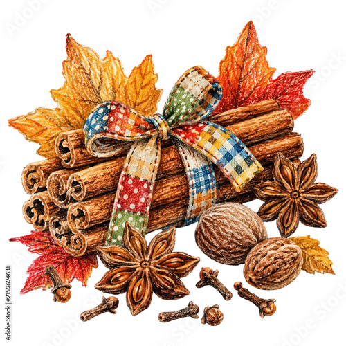 An autumnal arrangement of cinnamon sticks, star anise, nutmeg, and cloves, tied with a festive patchwork ribbon and adorned with colorful fall leaves.