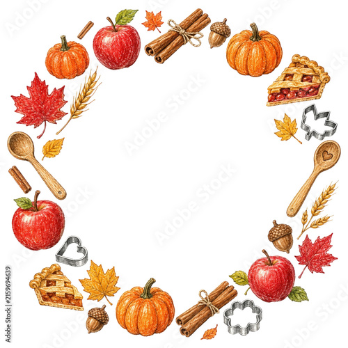 A delightful wreath of autumnal harvest elements, including pumpkins, apples, pie slices, cinnamon sticks, acorns, and maple leaves, arranged in a circle.