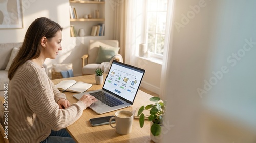 Professional woman working on business workflow automation with AI on laptop