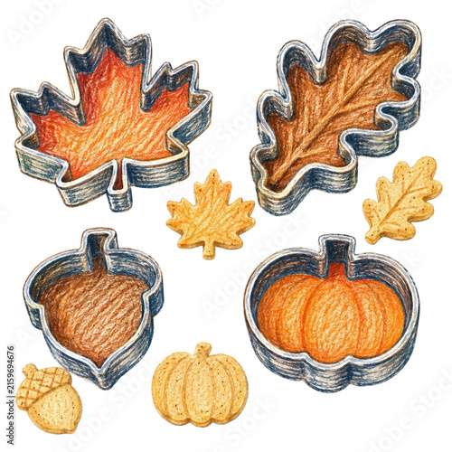 Autumnal cookie cutters in leaf, acorn, and pumpkin shapes, complete with seasonal baked goods, evoke the spirit of fall baking and harvest celebrations.