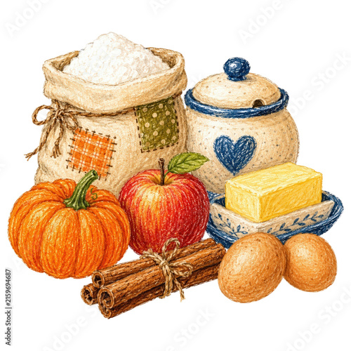 Ingredients for baking a delicious pie are artfully arranged, featuring a ripe apple, a small pumpkin, a bag of flour, eggs, cinnamon sticks, and a block of butter.