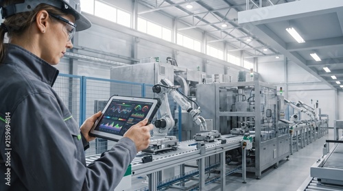 Industrial Engineer Using Tablet to Monitor Robotic Manufacturing Line