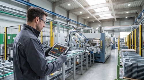 Industrial Engineer Using Digital Tablet for Manufacturing Plant Automation Monitoring