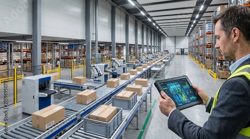 Warehouse Manager Monitoring Automated Conveyor Belt System with Tablet