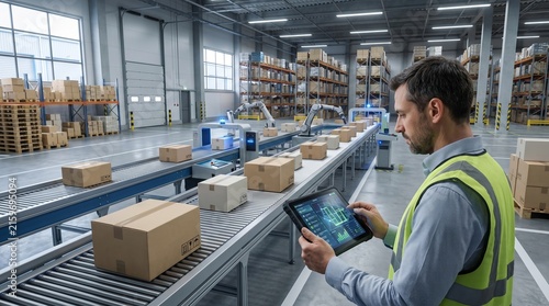 Warehouse Manager Monitoring Automated Conveyor System with Tablet