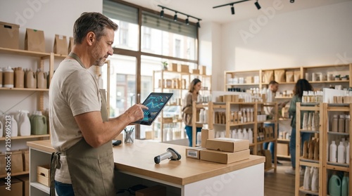 Small Business Owner Managing Retail Inventory on Digital Tablet