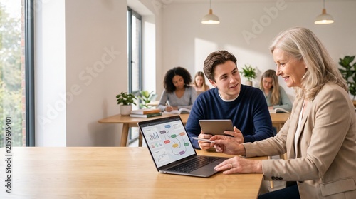 Teacher and Student Collaborating with AI Technology in Classroom