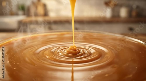 Thick caramel sauce pouring in slow motion into a bowl