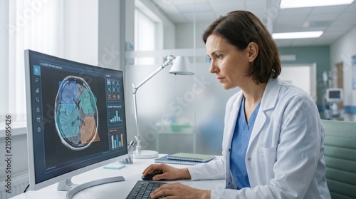 Female Physician Analyzing Brain MRI Scan Using Artificial Intelligence Diagnostic Software