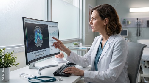 Female Physician Analyzing Brain Scan Results Using AI Medical Software