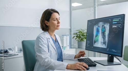 Female Physician Analyzing Lung Xray Scan Using AI Software