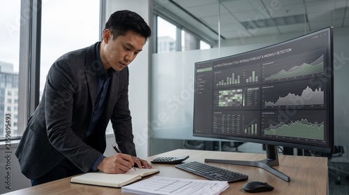 Financial Analyst Reviewing Predictive Analytics Data on Computer Monitor