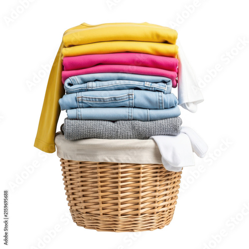 Stack of folded colorful clean clothes in a wicker laundry basket isolated on transparent background