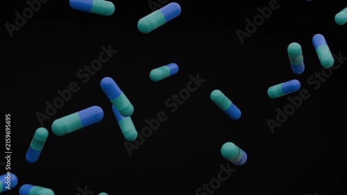 blue and green white pills fall on the black background, 3d animation