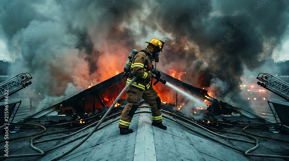 Fototapeta premium Firefighter in yellow helmet spraying water on train accident at night
