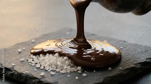 Liquid chocolate pouring over white sugar crystals