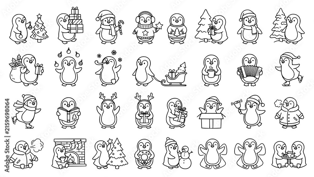 Obraz premium Set of cute hand drawn penguin characters for christmas and winter holiday coloring pages