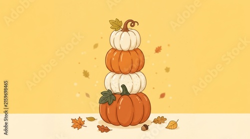 Three stacked pumpkins with leaves on a yellow background. The autumn concept of fall harvest.
