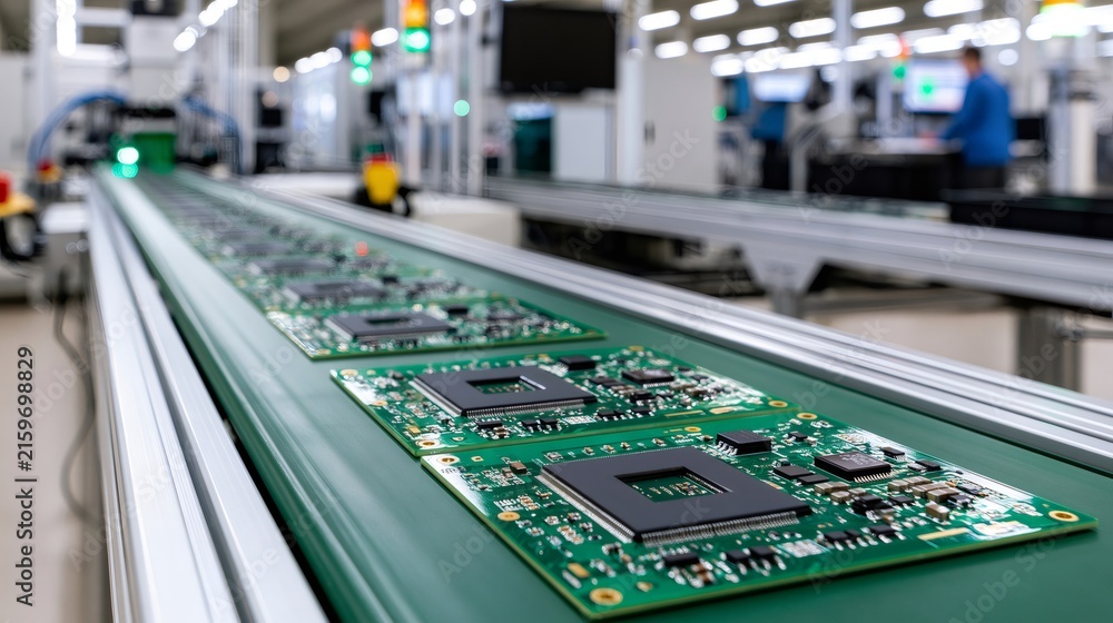 Naklejka premium Circuit boards moving along an automated production line