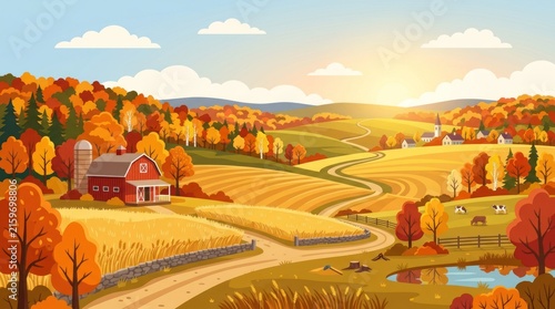 A picturesque autumn landscape with a red barn, yellow fields, and a pond in the foreground, with a clear blue sky and a few scattered clouds.