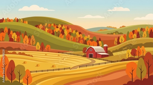 A picturesque autumn landscape with a red barn and hay bales in a field, surrounded by colorful trees and rolling hills.