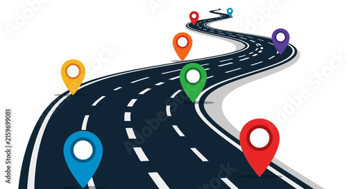 Roadmap with colorful GPS location pins, navigation and journey concept
