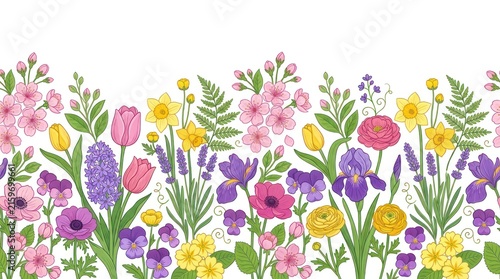 A colorful, vibrant floral border with a variety of flowers and leaves in shades of pink, purple, yellow, and green.