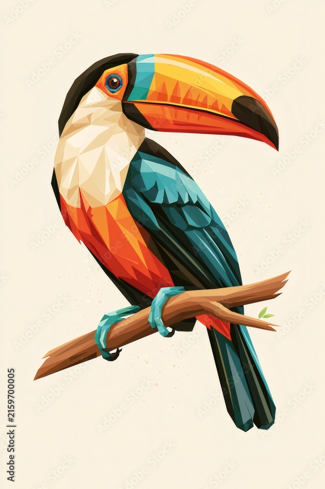 Naklejka premium Colorful toucan bird perched on branch geometric art
