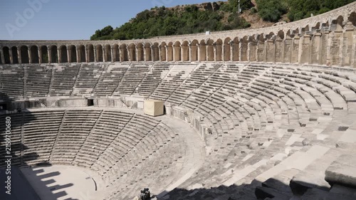 Panorama of the well-preserved Roman theatre in Aspendos in Antalya, Turkey