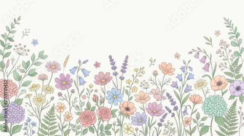 A colorful, detailed illustration of a garden with various flowers and plants, set against a white background.